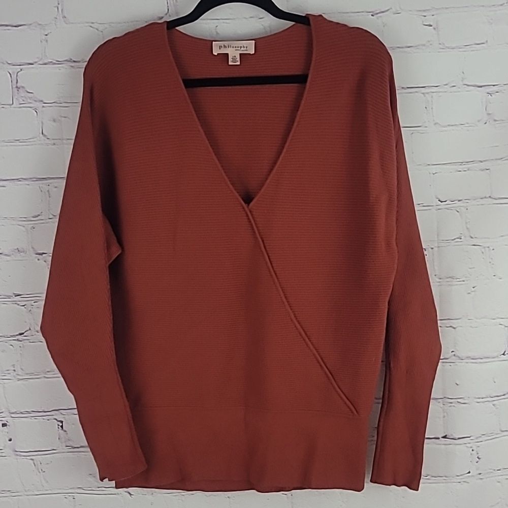 Philosophy Orange/Terracotta Ribbed V-neck Sweater. Size Large